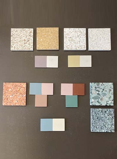 Mood board de sélection de matériaux et carrelages pour le projet hôtelier Edgar Suites à Cannes