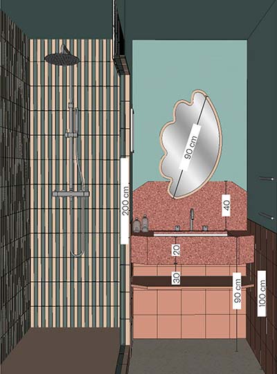 Plan 3D d’une salle de bain du projet Edgar Suites à Cannes conçu par l’agence d’architecture Batiik