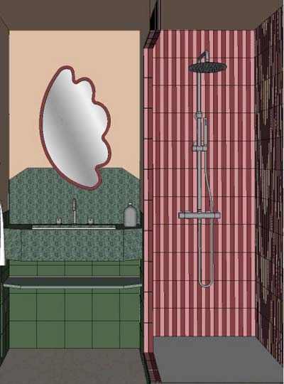 Plan 3D d’une salle de bain du projet Edgar Suites à Cannes conçu par l’agence d’architecture Batiik