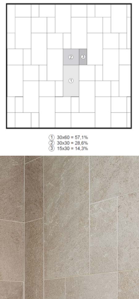 Schéma de calepinage multi-formats en grès cérame aspect pierre conçu pour le Mercure Quiberon Hotel and Spa