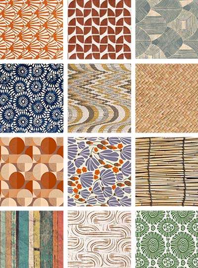 Inspirations de motifs et textures décoratives utilisées pour le sourcing de carrelage du projet hôtelier