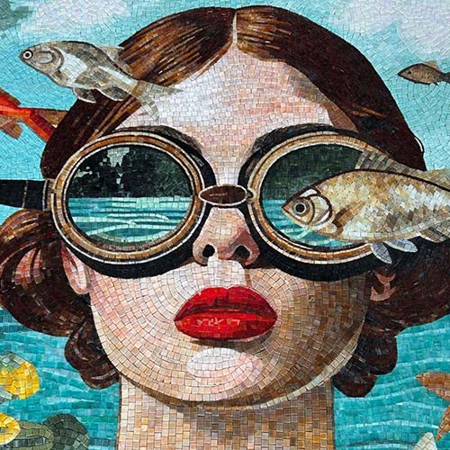 Portrait en mosaïque artistique contemporaine sur mesure Mosaïque artistique colorée représentant un portrait féminin avec lunettes et poissons, création décorative sur mesure