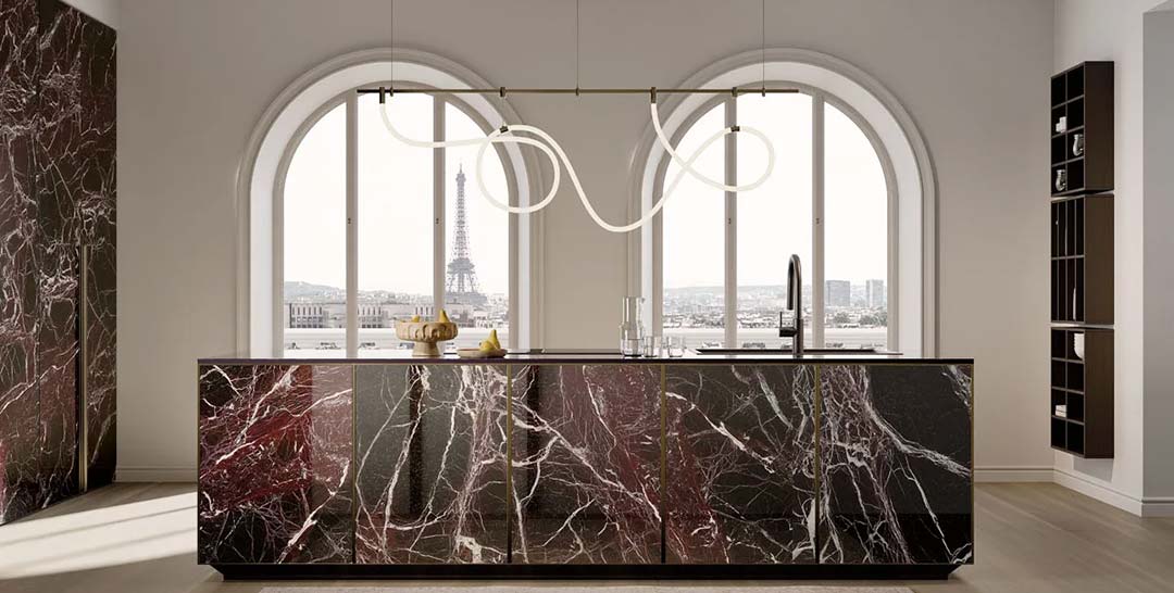 Cuisine contemporaine avec carrelage céramique grand format en pierre marbrée sur mesure Îlot de cuisine habillé en céramique grand format pour intérieur architectural contemporain