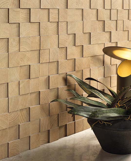 Mosaïque 3D Cube en céramique effet bois avec relief cubique créant un jeu d’ombres et de volumes architecturaux