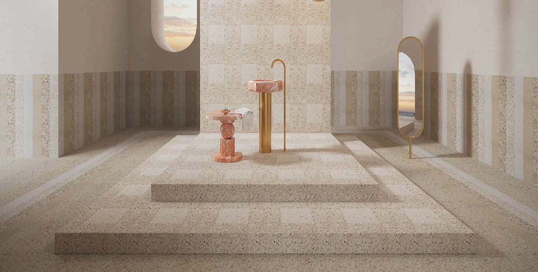 Architecture intérieure en terrazzo beige Espace architectural minimaliste en terrazzo beige avec mobilier design et ambiance minérale lumineuse